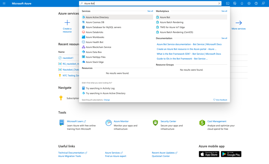 Azure - Search Bot Channels Registration