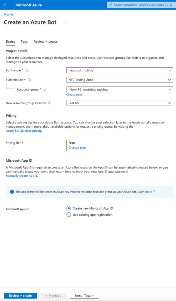 Azure - Create Bot Service