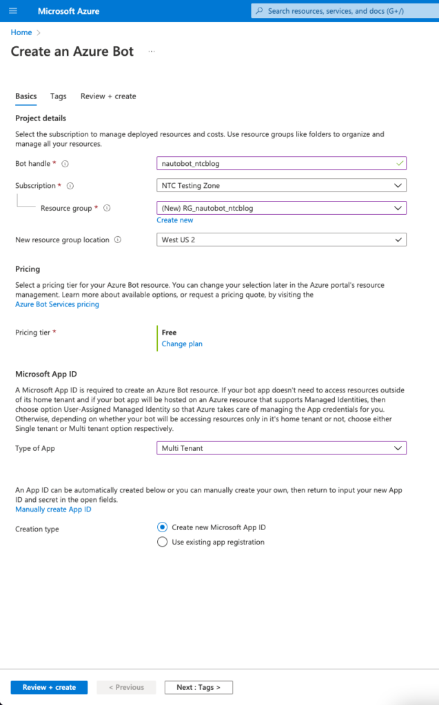 Azure Bot and Resource Group