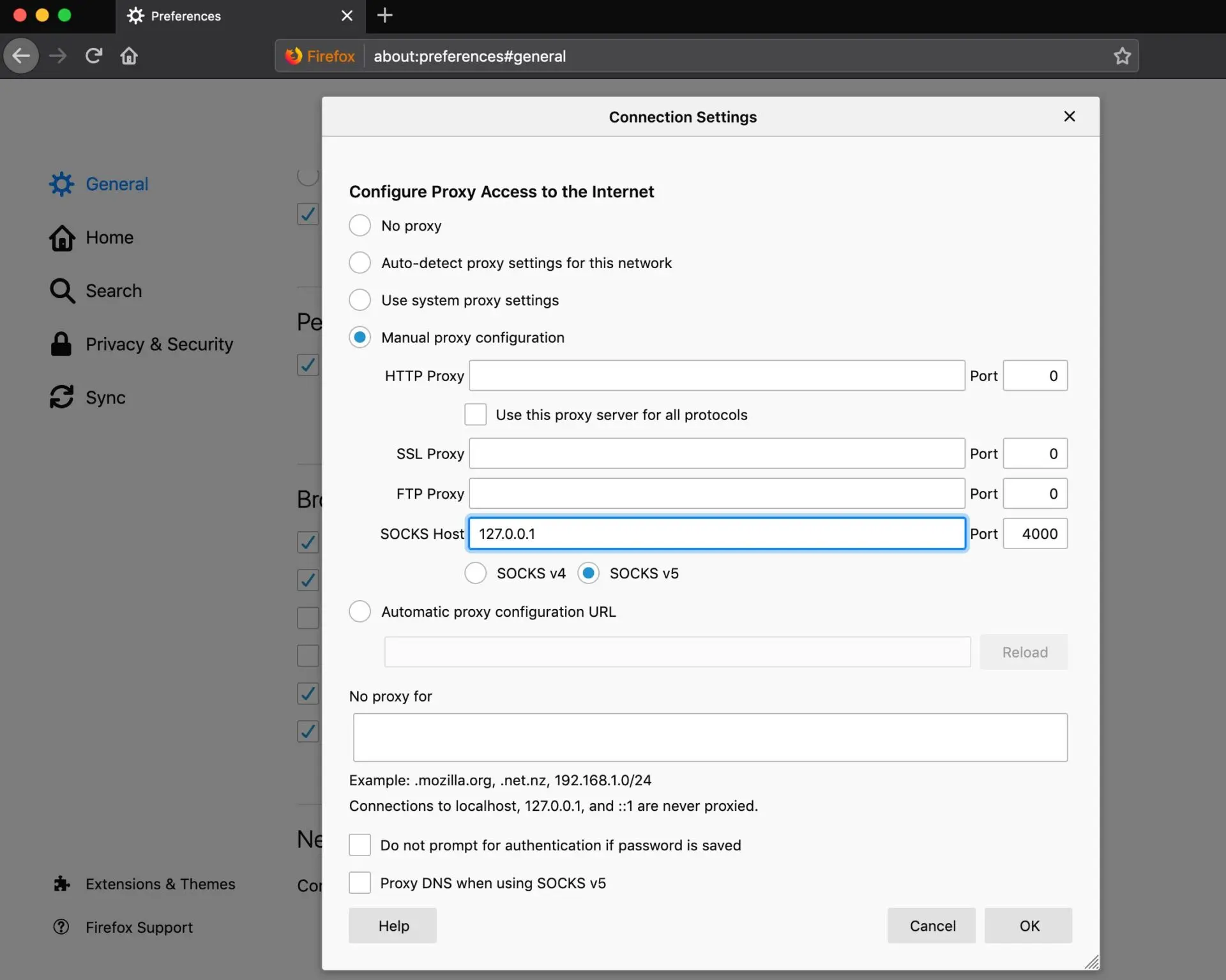 Firefox SOCKS Proxy Configuration Screenshot